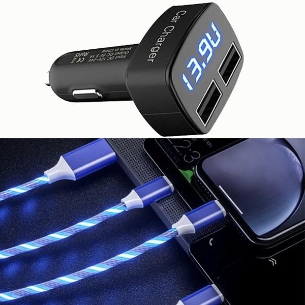 Double USB Car Cigarette Charger Black &1.2M 3-in-1 Magic LED Glow Flowing Fast Charging Cable