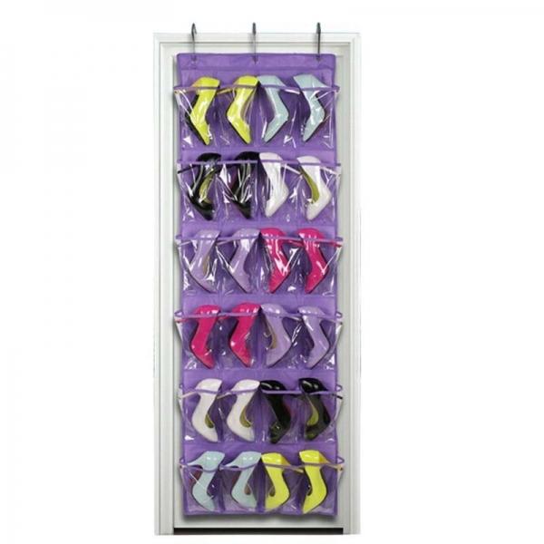 24 Clear Pockets Single-sided Over The Door Shoe Organizer Hanging Storage Bag with 3 Hooks - Purple