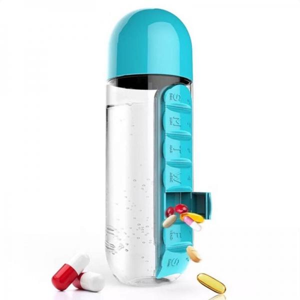 2-in-1 Creative Portable Water Bottle with Weekly Seven Compartments for Pills Blue