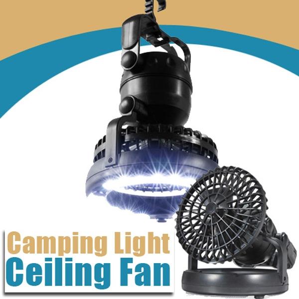 2-in-1 Outdoor 18-LED White Light Ceiling Fan Camping Lamp Black