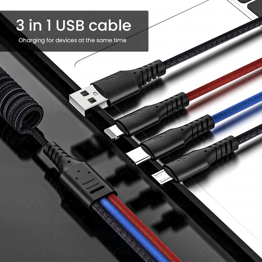 2pcs 3 in 1 Spring Stretch USB Type C Cable for iPhone 13 12 11 Pro XS Micro USB 3A Fast Charging Cable for Sumsang Xiaomi 1.2/1.8M