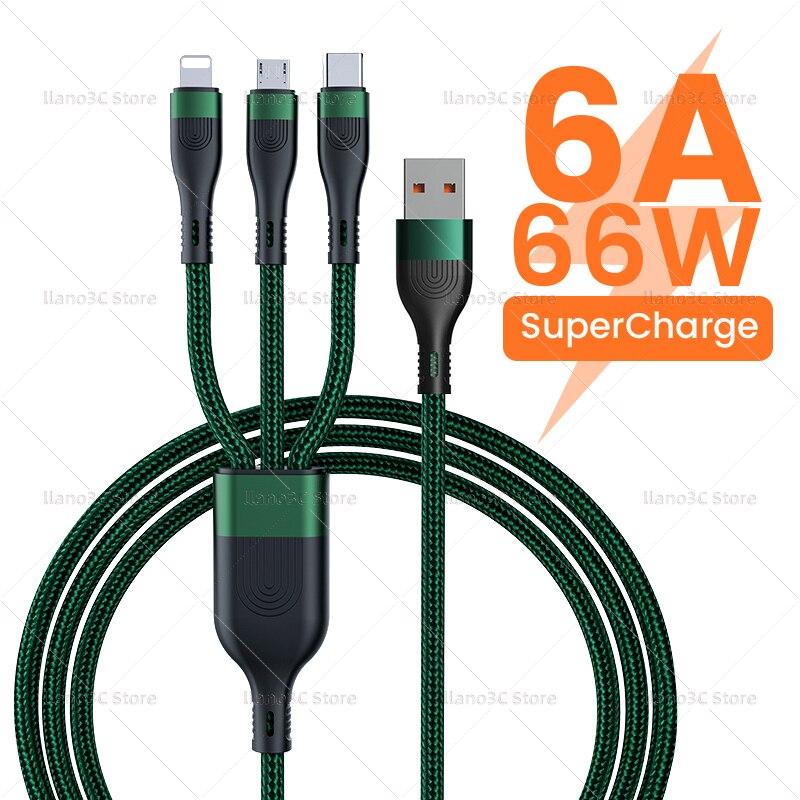 3 in 1 USB Type C Cable 6A 66W SCP for Huawei Mate 40 Pro 3in1 Fast Charging Micro USB Type C Cable for iPhone 13 12 Xiaomi POCO X3