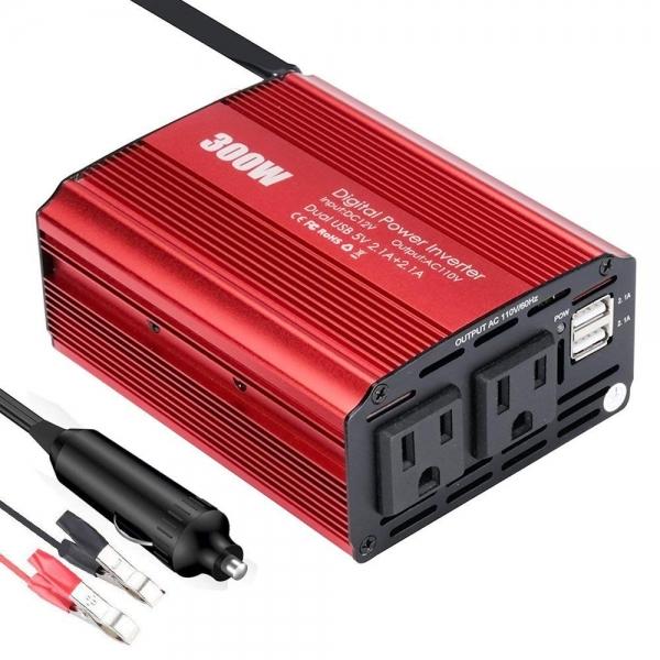 300W Power Inverter DC 12V to 110V AC Car Converter with 4.2A Dual USB Car Adapter for Smartphones Tablet Laptop Breast Pump - US Plug Red