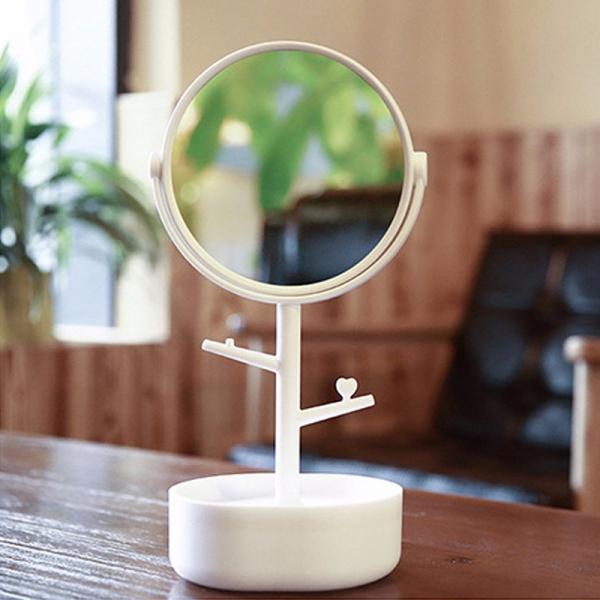 360-Degree Rotatable HD Makeup Mirror 2 Layers Storage 3X Magnification Jewelry Hanger Cosmetic Mirror White