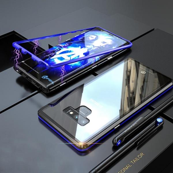 360°Magnetic Adsorption Metal Clear Glass Protective Case for Samsung Galaxy Note 9 - Black Blue