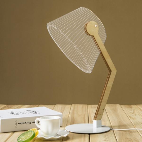 3D Visual Illusion LED Reading Lamp Wooden Bent Stand Acrylic Lampshade Table Desk Light