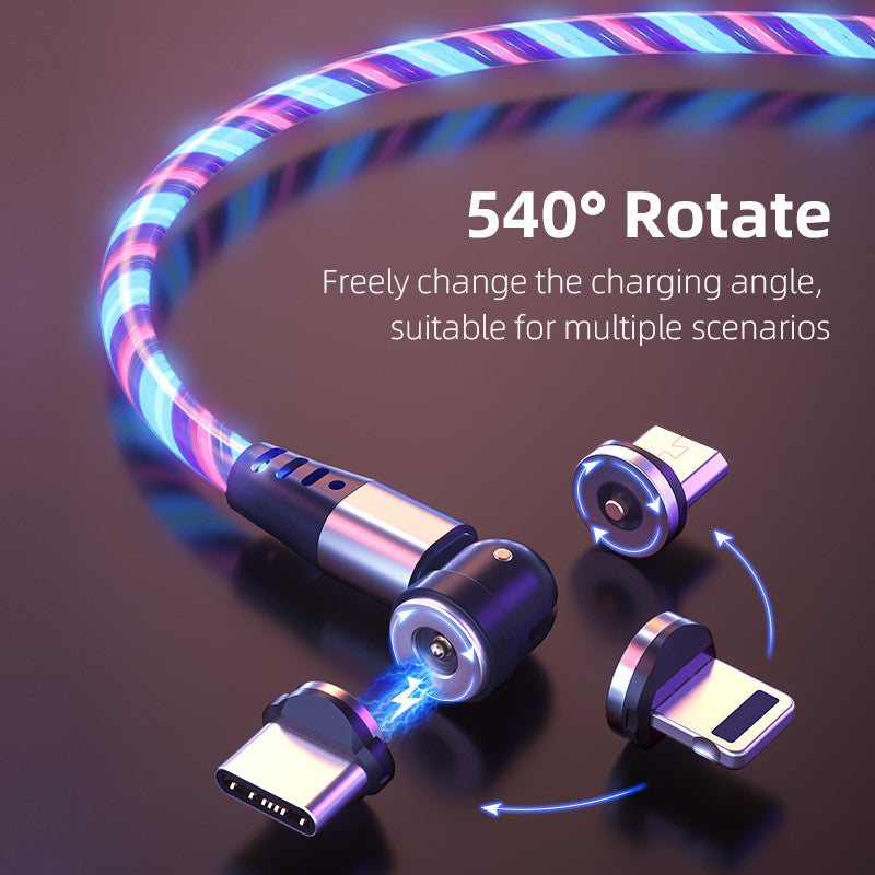 New 2meters 540° Rotating Magnetic LED Streamer Charging Cable 3 in 1 Bending Magnetic Cable Apple Type-C Android Micro