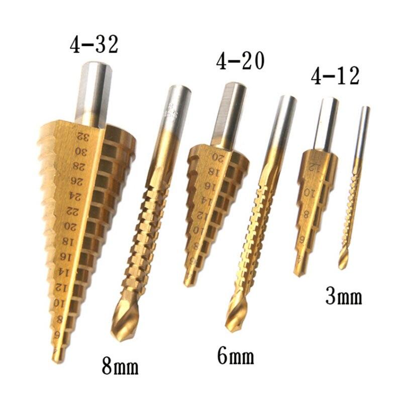 4-12mm / 4-20 / 4-32 triangular shank straight groove step drill 3 / 6 / 8 saw drill 6 Piece Set