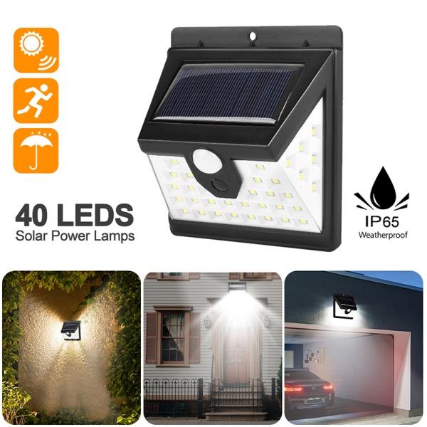 40 LED Solar Power 3 Sides 270° Wide Lighting Angle 3 Modes Motion Sensor Waterproof Outdoor Garden Wall Light