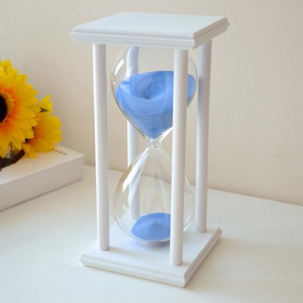 45-Mins Wooden Glass Sand Hourglass Timer White Frame Blue Sand