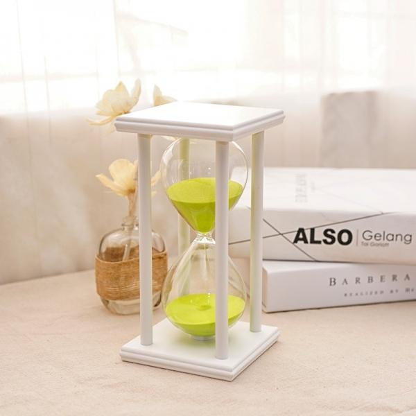 45-Mins Wooden Glass Sand Hourglass Timer White Frame Green Sand