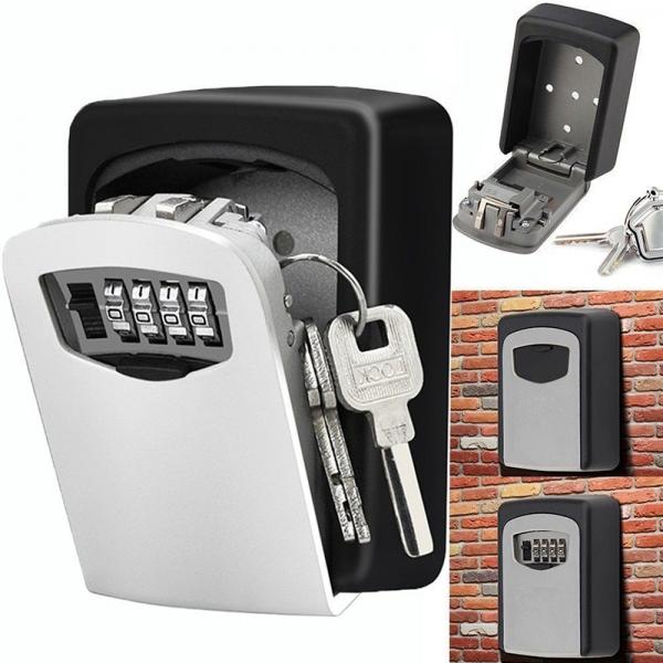 4-Digit Combination Lock Key Storage Lock Box Wall Mounted Resettable Code - Black