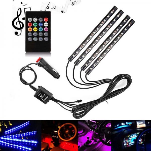 4 in 1 48 LED 12V RC Music Car Interior LED Strip Light Car Dash Floor Foot Decorative Light Music Sound Control Multiple lighting