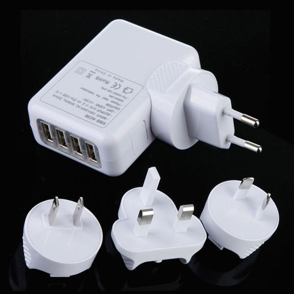 4-Port USB EU/AU/US/UK Plug Universal Travel Charger White