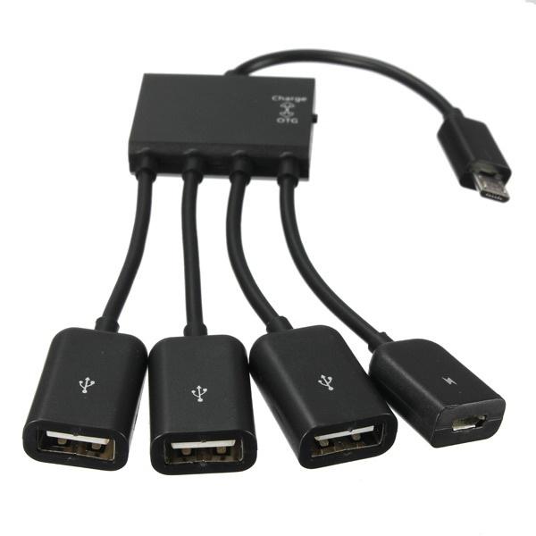 4-in-1 Micro USB to 3-USB 2.0 and Micro USB Female Power Charging Host OTG Hub Adapter Cable Black