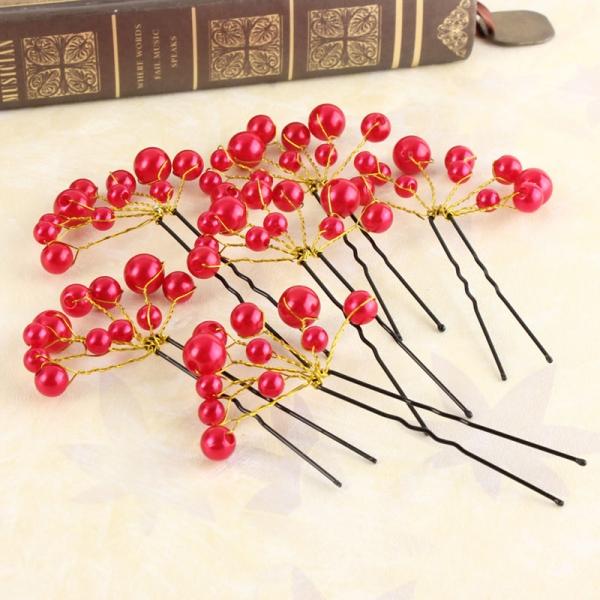 6pcs Bridal Prom Pearl Flower Hair Clip Pin Wedding Party Jewelry Beauty Red