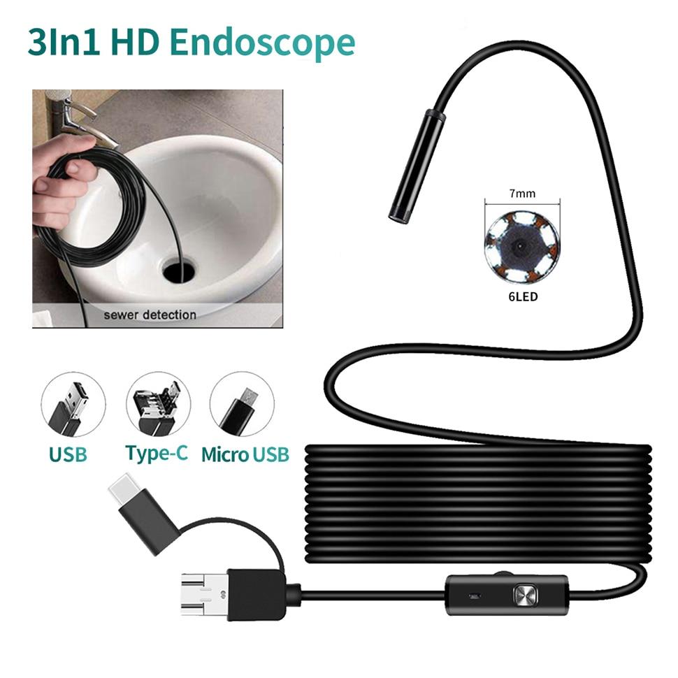 3 in 1 7mm Endoscope Camera Hard/Soft Cable Waterproof PC Android Phone Computer Endoscope Pipe Type C Endoscope Inspection Mini Camera