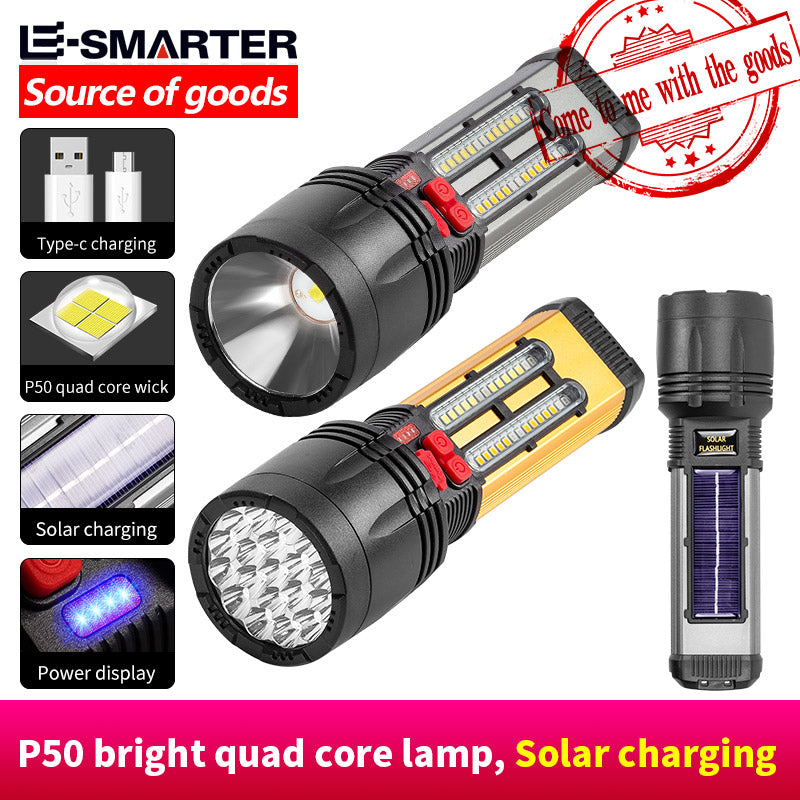 100000LM Solar+USB charging P50/19pcs LED Flashlight built-in 4000mAh lithium battery with Red and Blue strobe side lights aluminum alloy Flashlight