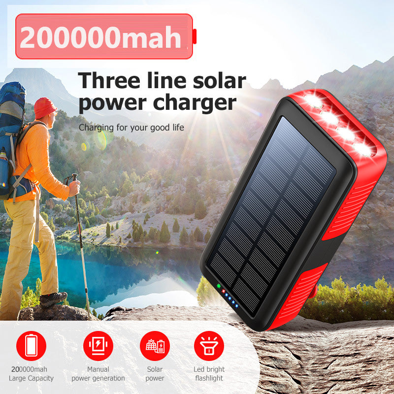 200000mAh Emergency Hand Crank Self Powered Portable Camping Solar Power Bank with 3 CHARGING CABLES LIGHTNING MICRO USB  TYPE C and 4 LED Flashlight