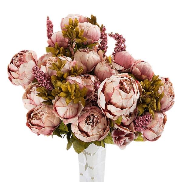 Artificial Flowers European Fall Vivid Peony Fake Leaf Wedding Home Party Decoration Cameo Brown Peony