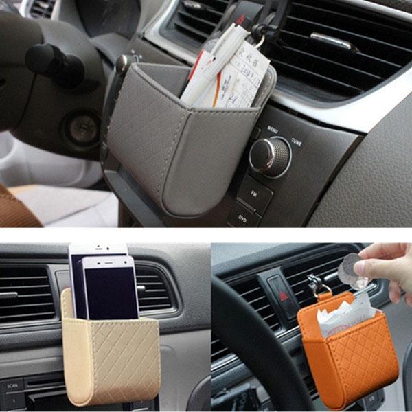 Car Accessories Air PU Box Organizer Phone Pocket Pouch Vehicle Bag Holder Brown