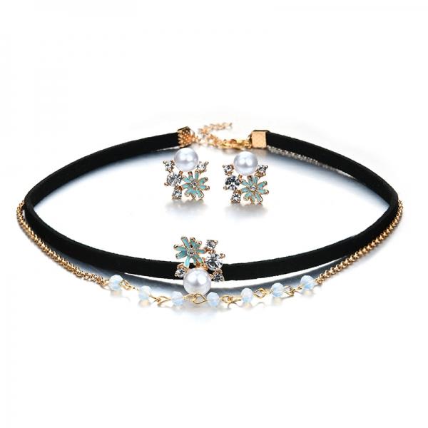 Charm Earrings Double Layer Gold Chain Black Choker Necklace Women Jewelry Set-Pearl Flower