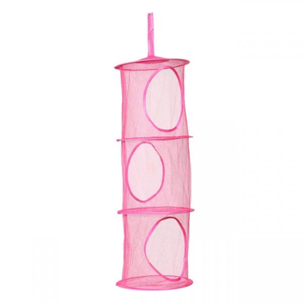 Cylindrical 3-Layer Hanging Storage Net Organizer Bag for Wall Door Closet Rose Red
