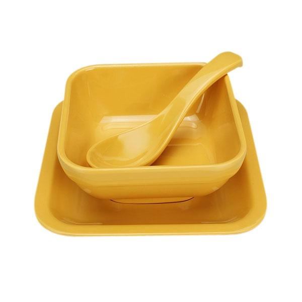Colorful Melamine Square Dessert Bowl Dish Spoon 3-Piece Set Yellow