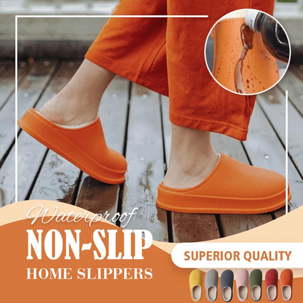 [Deals]Comfortable Waterproof Non-Slip Home Slippers Plush Lining Warm Thick Winter Men Women Slippers Outdoor Shoes