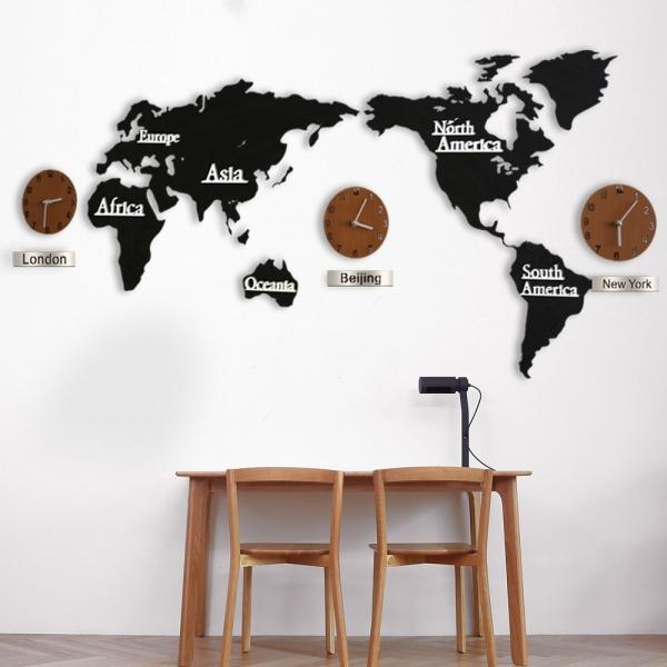 DIY 3D Wooden Large Wall Sticker Clock with World Map - Black
