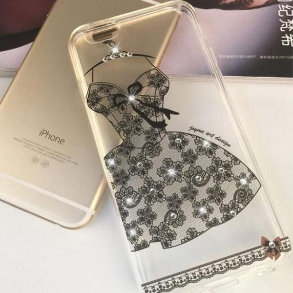 Creative Sexy Black Lace Dress Pattern Design Rhinestone Soft TPU Protective Back Case Cover for 4.7inch Apple iPhone 7