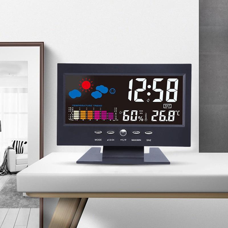 Creative Weather Forecast Clock with Temperature Humidity Time Date Display LED Table Desk Clock Computer Shape Digital Clock