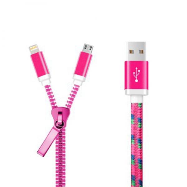 Creative Zipper Style 2-in-1 USB to 8-Pin Micro USB Cable for iPhone/iPad/iPod/Samsung other Phone Rose Red