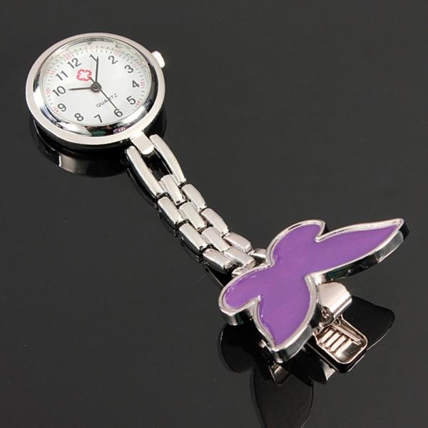 Cute Butterfly Pendant Nurse Clip-On Brooch Quartz Women Pocket Watch Purple