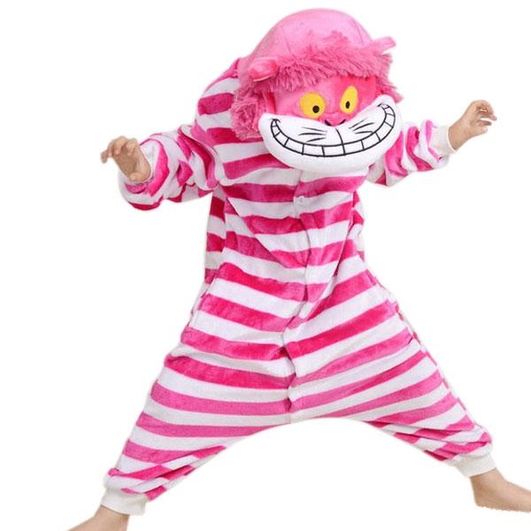 Boys Girls Flannel Cute Cartoon Cheshire Cat Sleepwear Jumpsuits 115-125cm