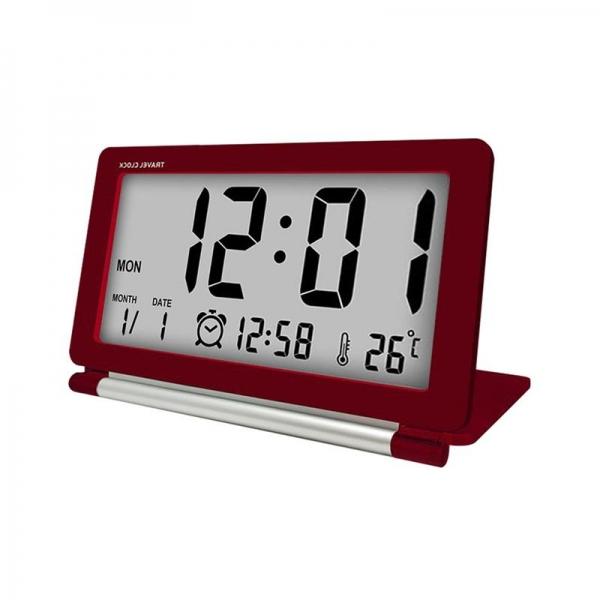 Electronic Alarm Clock Travel Clock Multifunction Silent LCD Digital Large Screen Folding Desk Clock With Temperature Date Time Calendar - Red