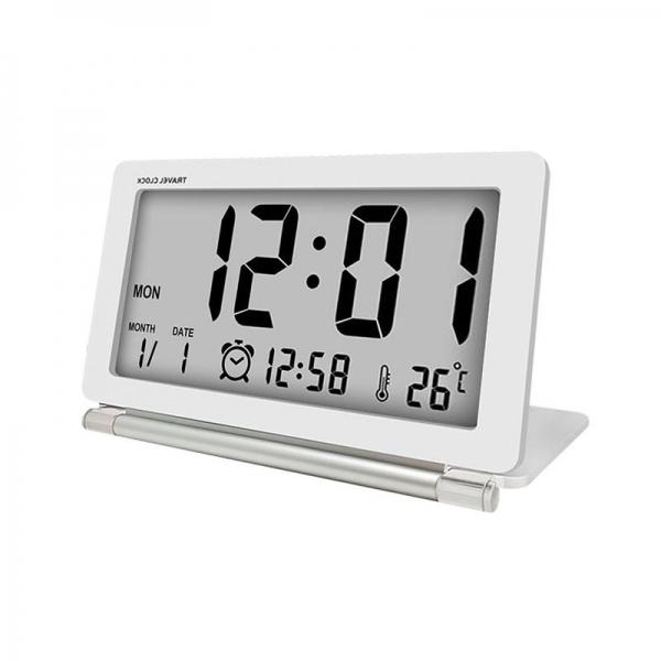 Electronic Alarm Clock Travel Clock Multifunction Silent LCD Digital Large Screen Folding Desk Clock With Temperature Date Time Calendar - White