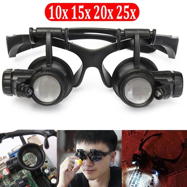 LED Glasses Magnifier 10X 15X 20X 25X 4 Interchangeable Lens Loupe Glasses Double Eye Jeweler Watch Repair Changable Lens