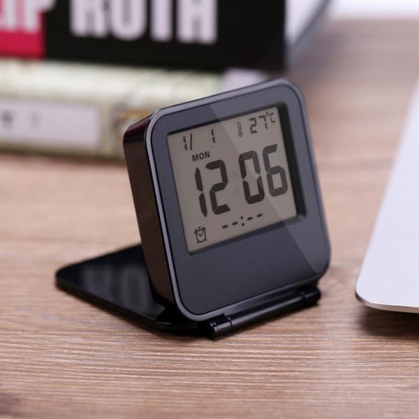 Portable Folding Mini Pocket Temperature Clock Foldable LCD Digital Travel Desk Alarm Clock Snooze  Thermometer - Black