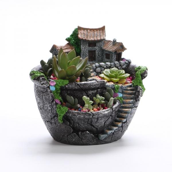 Garden Resin Flower Cactus Succulent Plant Pot for Home Ornament - Silver