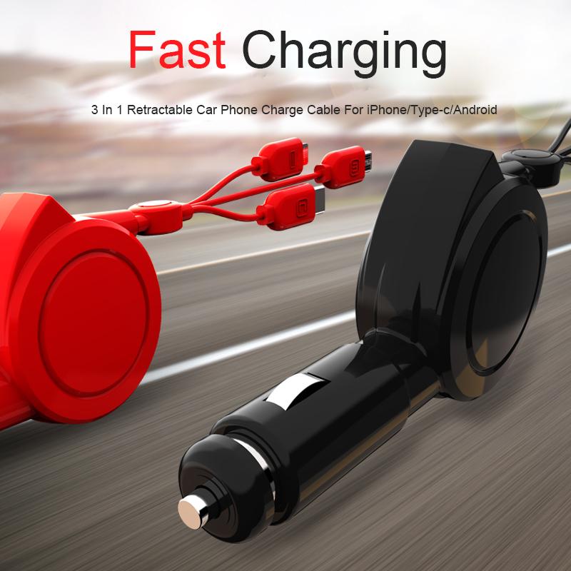 3 In 1 Car Charger Retractable Cable Data Auto Travel Fast Charging Lighter Accessories Adapter Plug Portable Mobile Phones