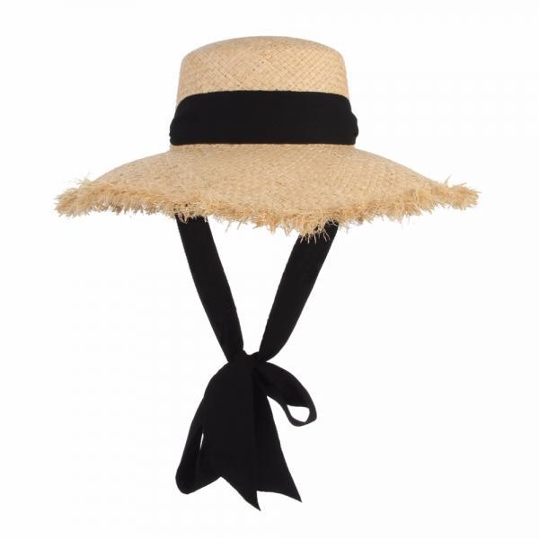 Handmade Weave Raffia Straw Hat with Black Ribbon Wide Brim Summer Sun Hat - stringsmall