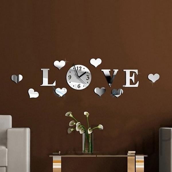 Heart & Love Pattern DIY Luxury Wall Art Acrylic Clock Mirror Stickers for Home Decoration Silver