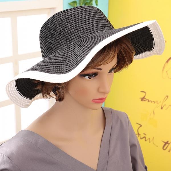 Hepburn Fashion Black and White Stitching 17cm Large Brim Summer Straw Hat Beach Sun Hat - stringsmall