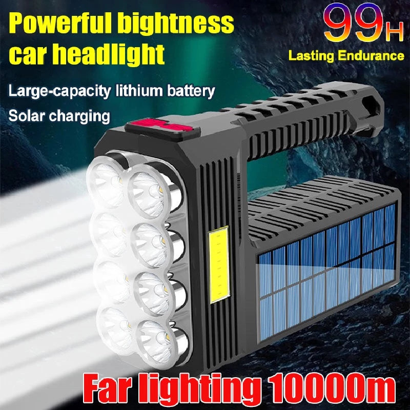 Solar 8 LED 100000lm LED Flashlight Searchlight COB Side Light USB/Solar Charging  Spotlight Waterproof Torch