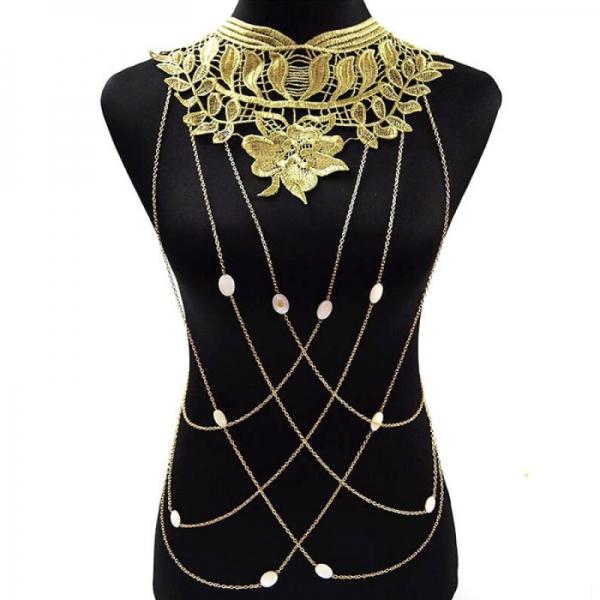 Individual Lace Flower Collar Body Chains Women Hollow-out Big Gothic Necklace #04 Golden