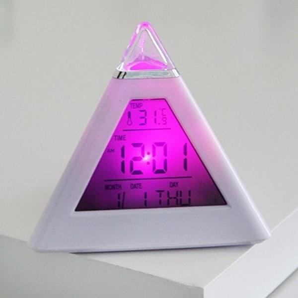 LED Change Colors Pyramid LCD Digital Snooze Alarm Clock Time Data Week Temperature Thermometer C/f Hour Home White