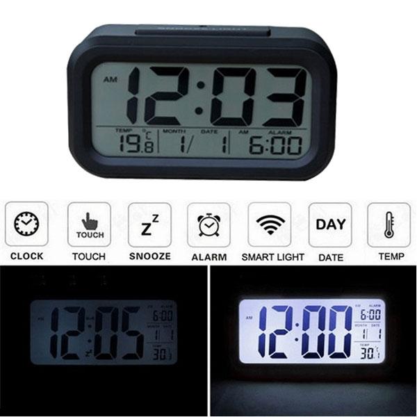 LED Digital Backlight Snooze Alarm Clock w/ Time Calendar Thermometer Black