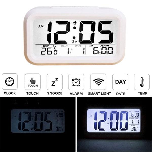 LED Digital Backlight Snooze Alarm Clock w/ Time Calendar Thermometer White