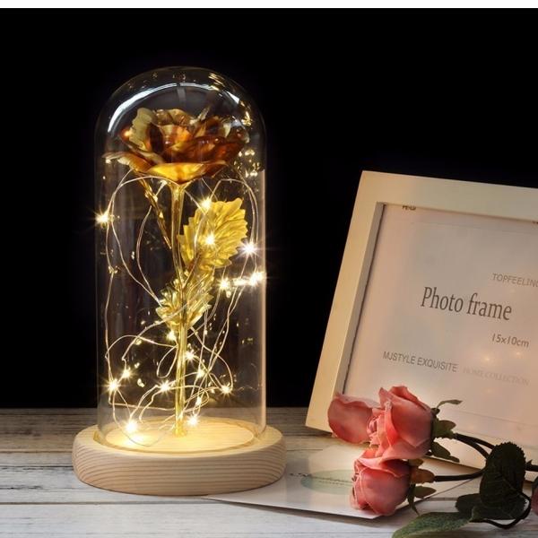 Gold Rose Flower In Glass Dome w/ LED Strip Light Creative Valentine's Day Gift